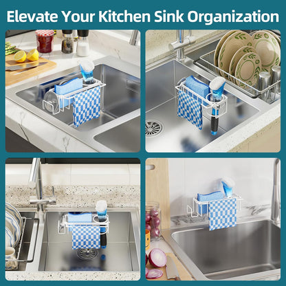 4-in-1 Sink Caddy with Strong Suction Cup, Sponge Holder for Kitchen Sink Organizer, Removable, Rustproof, Stainless Steel Holder for Sponge, Brush, Scrubber, Scraper - Silver