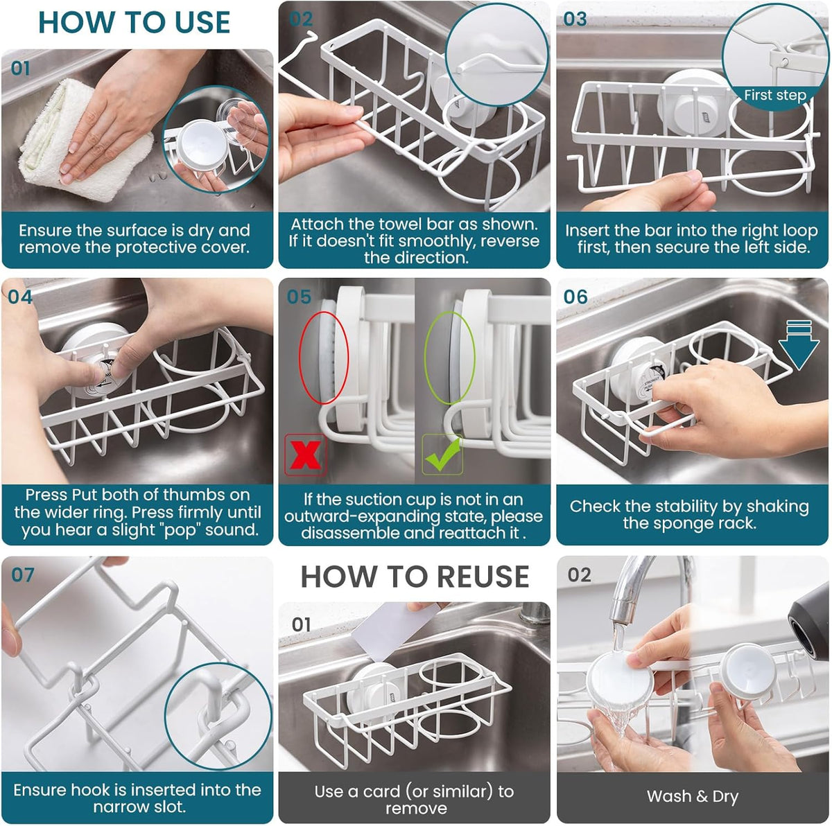 4-in-1 Sink Caddy with Strong Suction Cup, Sponge Holder for Kitchen Sink Organizer, Removable, Rustproof, Stainless Steel Holder for Sponge, Brush, Scrubber, Scraper - Silver