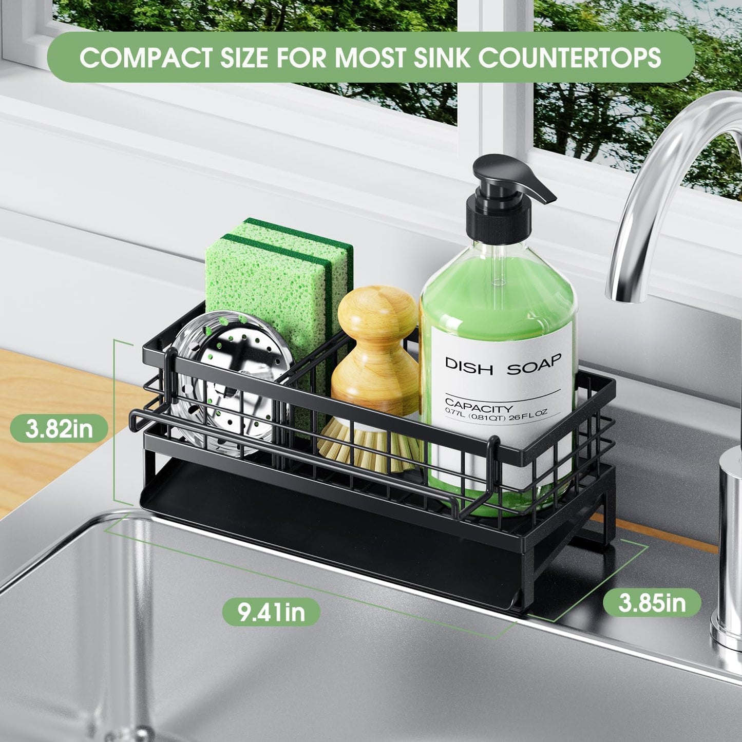 Self-Draining Kitchen Sink Caddy, Rustproof Non-Slip Metal Sponge Holder with Detachable Dish Cloth Holder (Black)