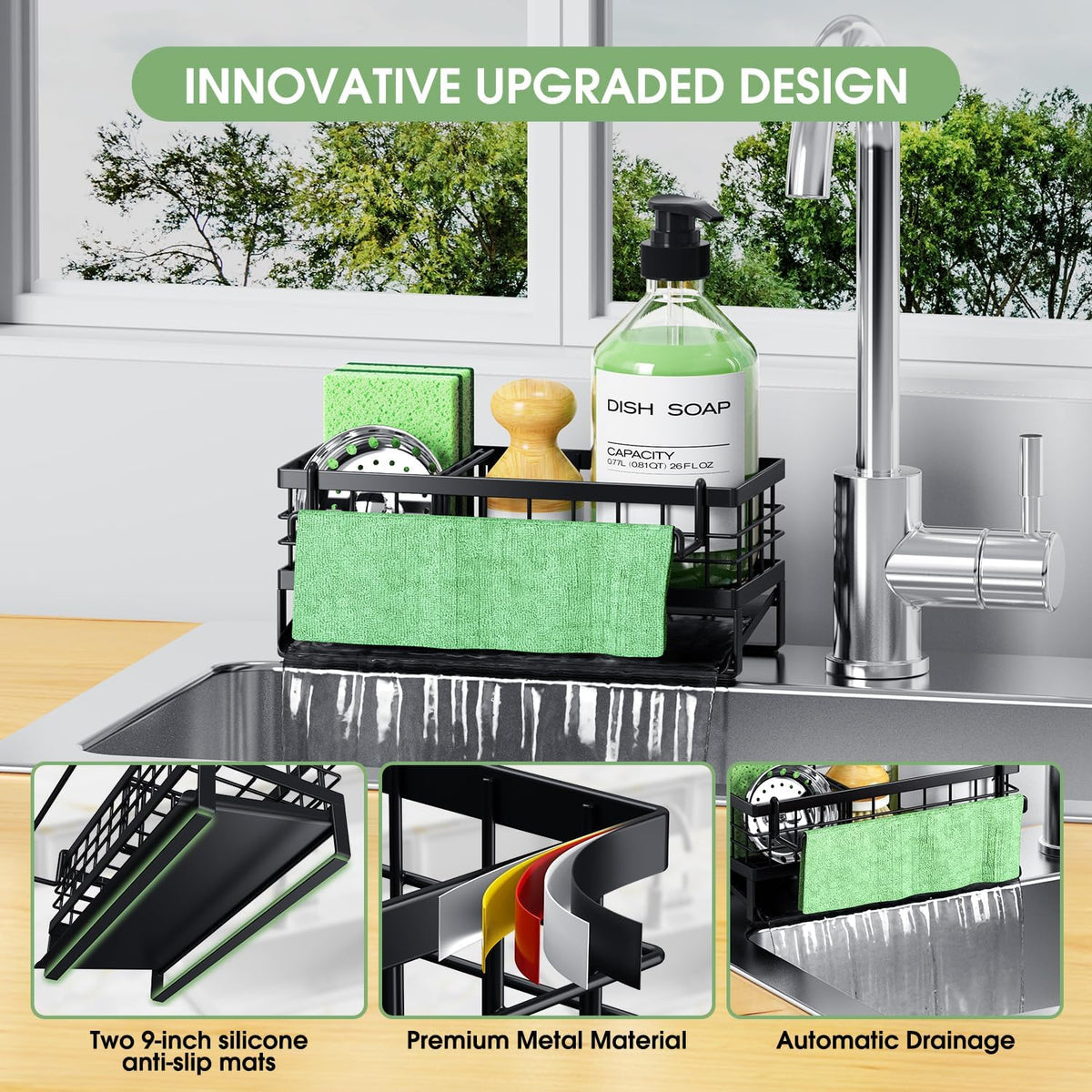 Self-Draining Kitchen Sink Caddy, Rustproof Non-Slip Metal Sponge Holder with Detachable Dish Cloth Holder (Black)