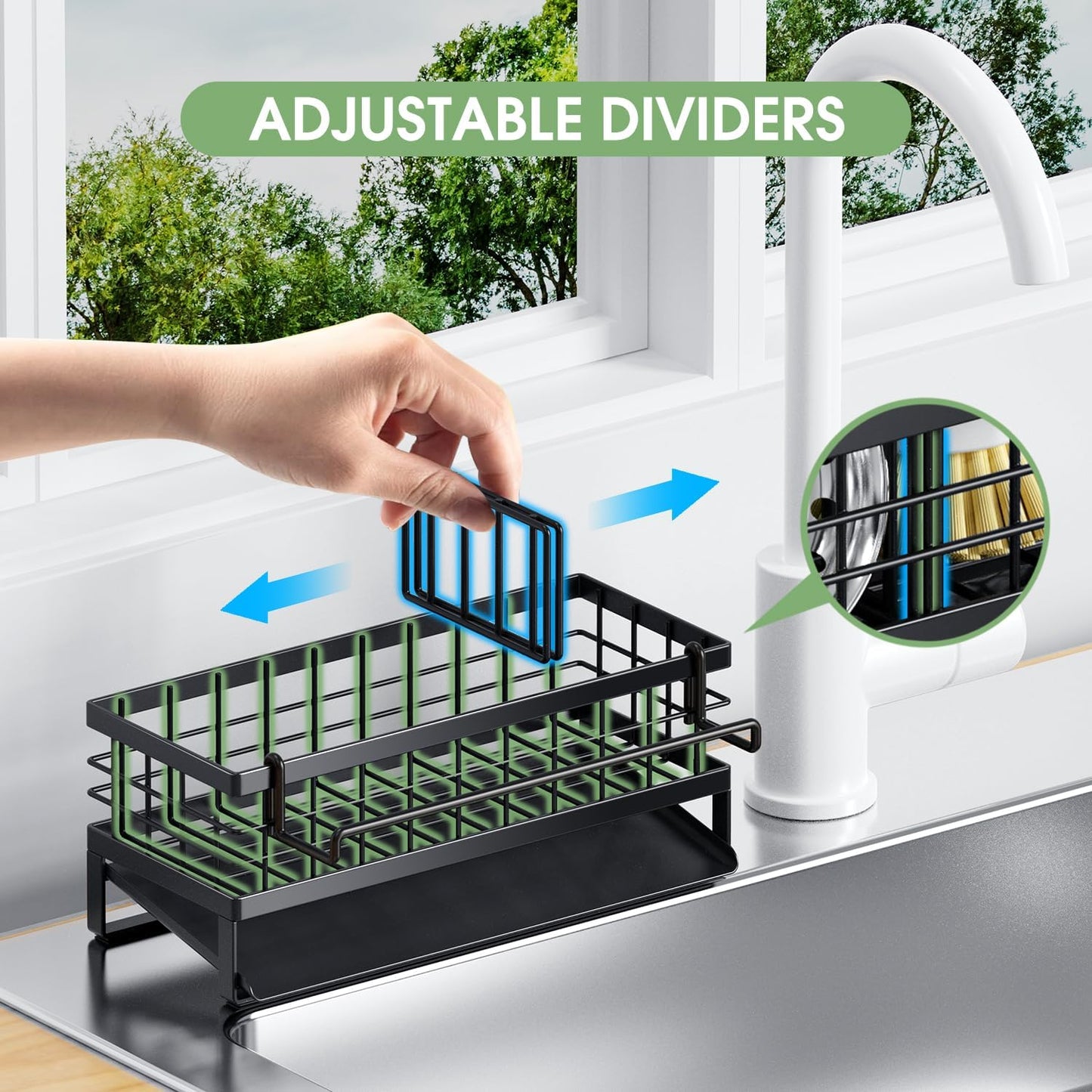 Self-Draining Kitchen Sink Caddy, Rustproof Non-Slip Metal Sponge Holder with Detachable Dish Cloth Holder (Black)