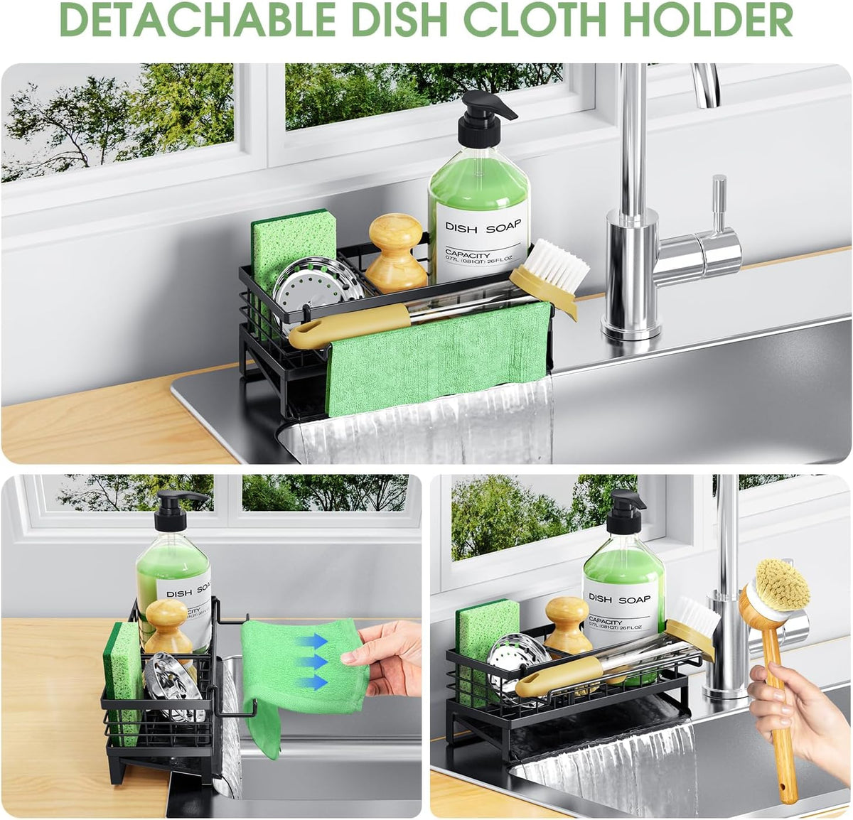 Self-Draining Kitchen Sink Caddy, Rustproof Non-Slip Metal Sponge Holder with Detachable Dish Cloth Holder (Black)