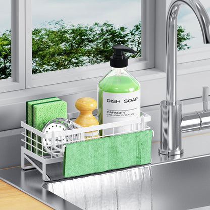Self-Draining Kitchen Sink Caddy, Rustproof Non-Slip Metal Sponge Holder with Detachable Dish Cloth Holder (Black)