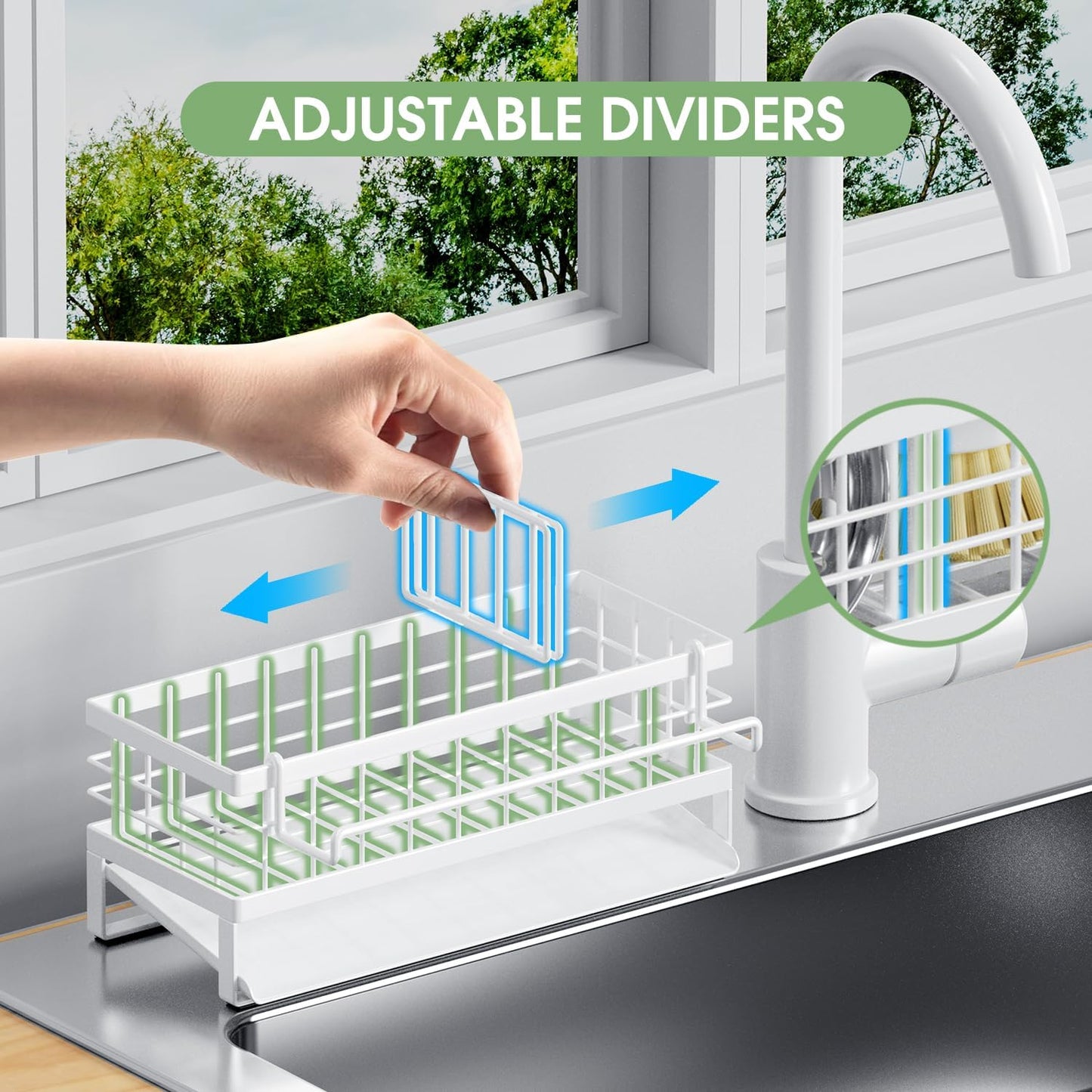 Self-Draining Kitchen Sink Caddy, Rustproof Non-Slip Metal Sponge Holder with Detachable Dish Cloth Holder (Black)