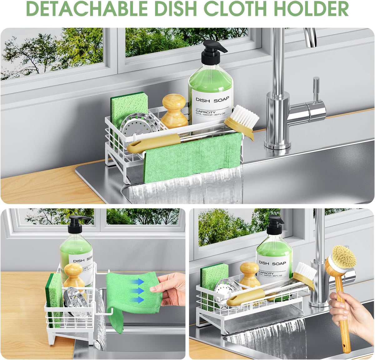 Self-Draining Kitchen Sink Caddy, Rustproof Non-Slip Metal Sponge Holder with Detachable Dish Cloth Holder (Black)
