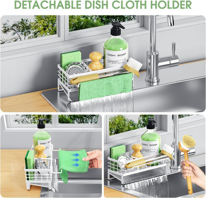 Self-Draining Kitchen Sink Caddy, Rustproof Non-Slip Metal Sponge Holder with Detachable Dish Cloth Holder (Black)