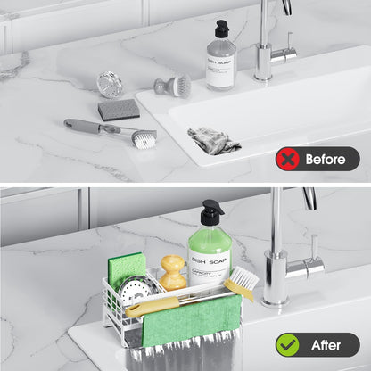Self-Draining Kitchen Sink Caddy, Rustproof Non-Slip Metal Sponge Holder with Detachable Dish Cloth Holder (Black)