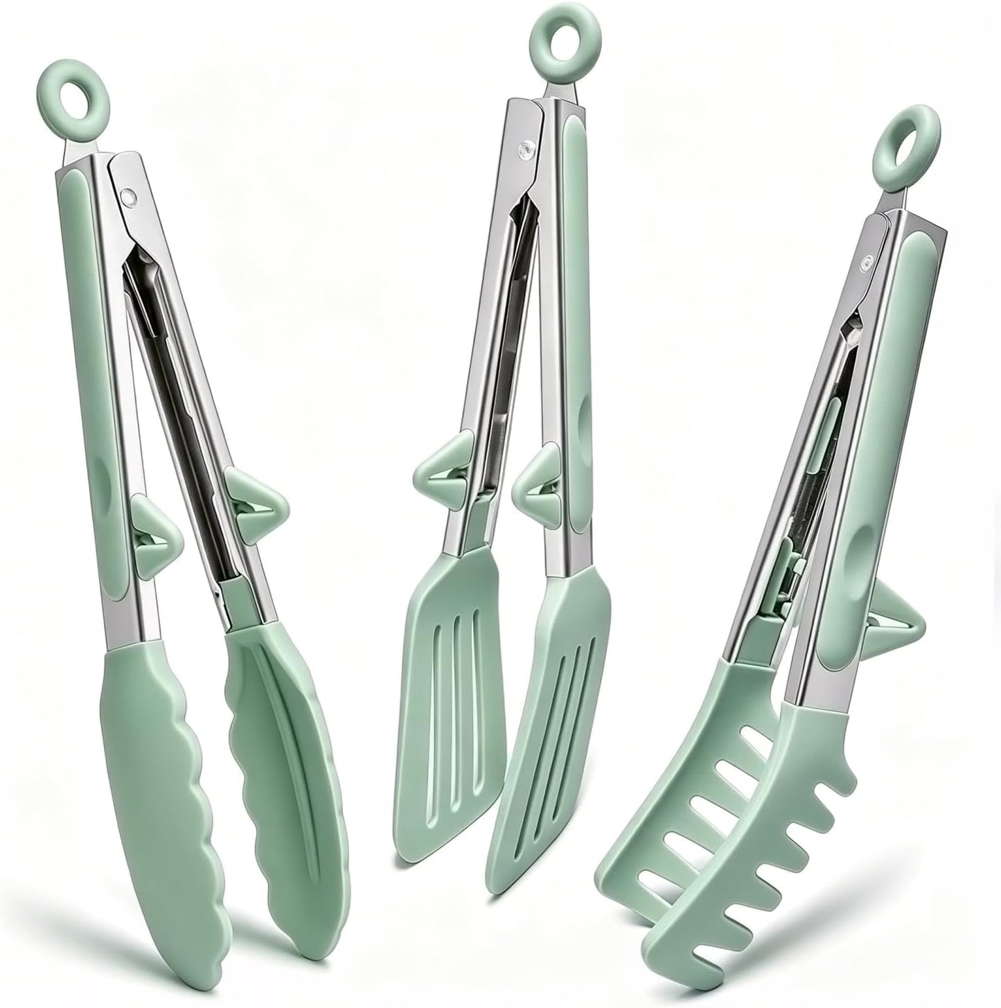 9" Kitchen Tongs for cooking with Silicone Tips, 3Pcs Serving Tongs, Green | Small Silicone Tongs mit kickstand, Food Grade, 3 different type of tongs, Stainless Steel