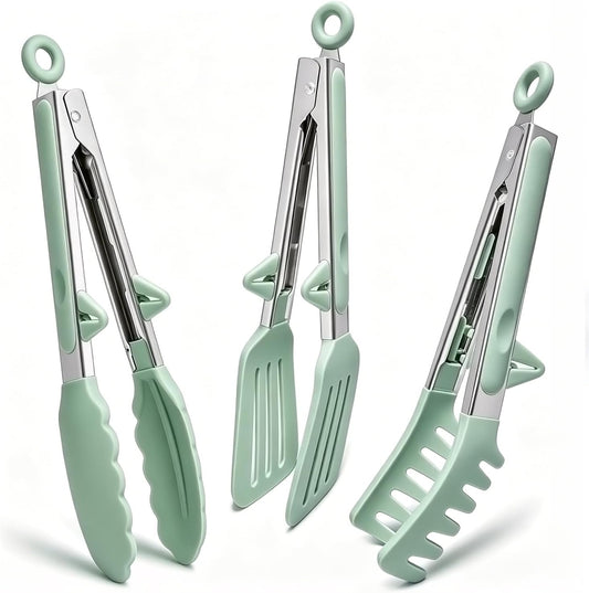 9" Kitchen Tongs for cooking with Silicone Tips, 3Pcs Serving Tongs, Green | Small Silicone Tongs mit kickstand, Food Grade, 3 different type of tongs, Stainless Steel