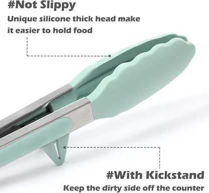 9" Kitchen Tongs for cooking with Silicone Tips, 3Pcs Serving Tongs, Green | Small Silicone Tongs mit kickstand, Food Grade, 3 different type of tongs, Stainless Steel