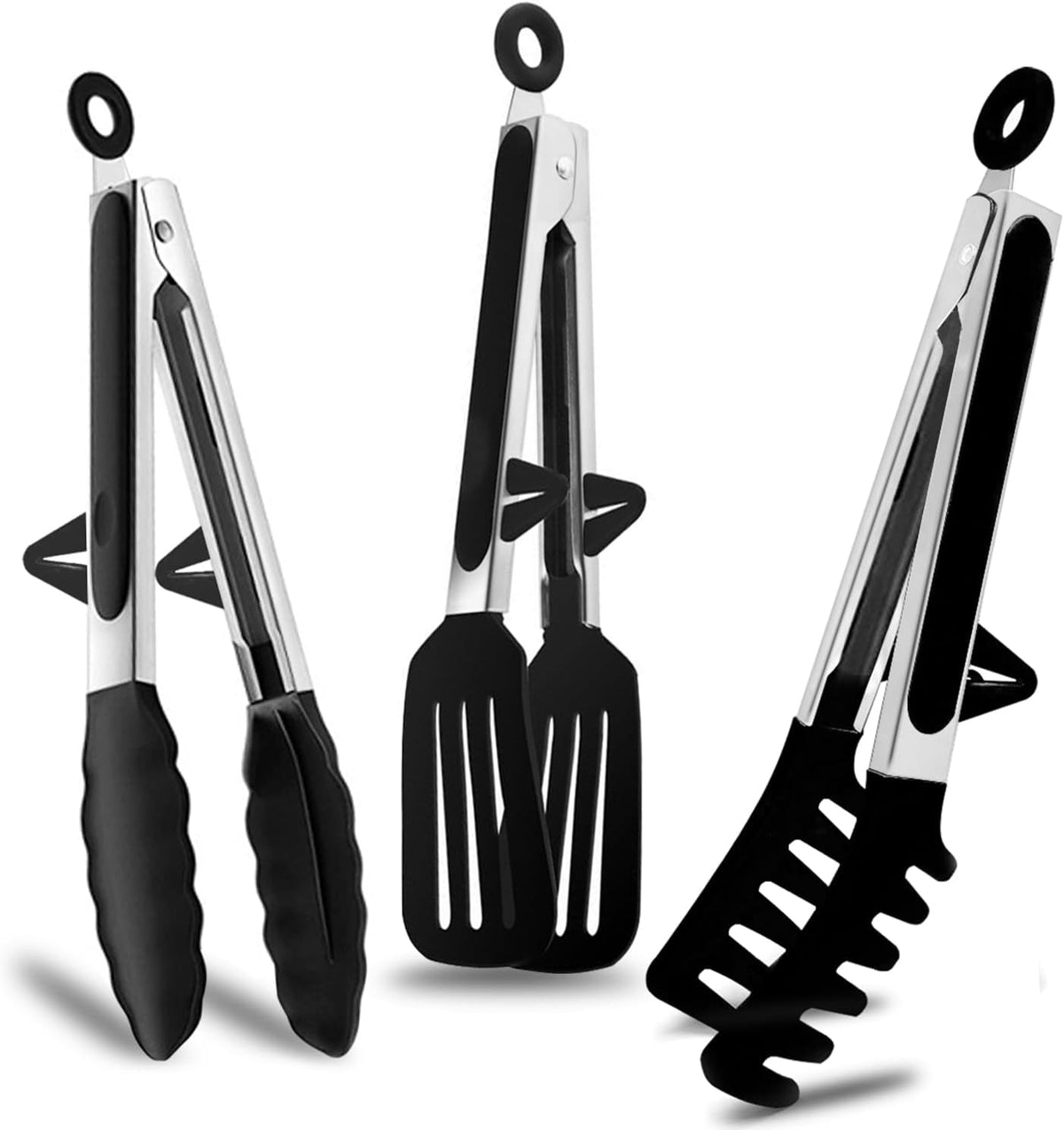 9" Kitchen Tongs for cooking with Silicone Tips, 3Pcs Serving Tongs, Green | Small Silicone Tongs mit kickstand, Food Grade, 3 different type of tongs, Stainless Steel
