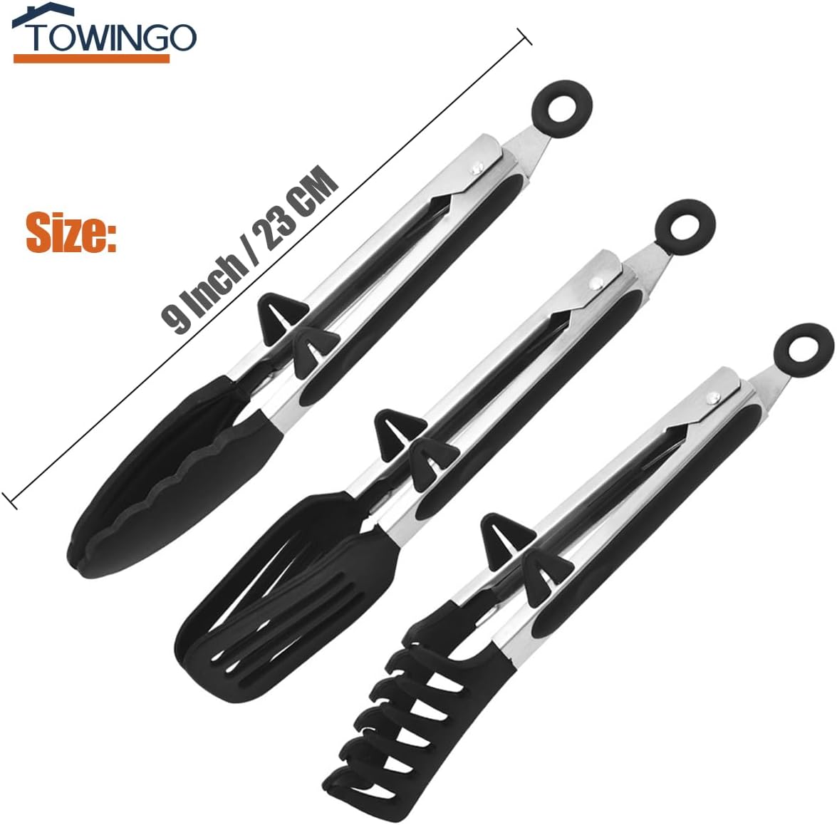 9" Kitchen Tongs for cooking with Silicone Tips, 3Pcs Serving Tongs, Green | Small Silicone Tongs mit kickstand, Food Grade, 3 different type of tongs, Stainless Steel