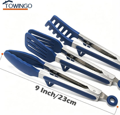 9" Kitchen Tongs for cooking with Silicone Tips, 3Pcs Serving Tongs, Green | Small Silicone Tongs mit kickstand, Food Grade, 3 different type of tongs, Stainless Steel