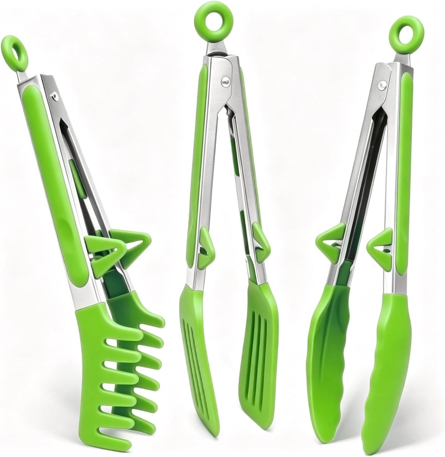 9" Kitchen Tongs for cooking with Silicone Tips, 3Pcs Serving Tongs, Green | Small Silicone Tongs mit kickstand, Food Grade, 3 different type of tongs, Stainless Steel
