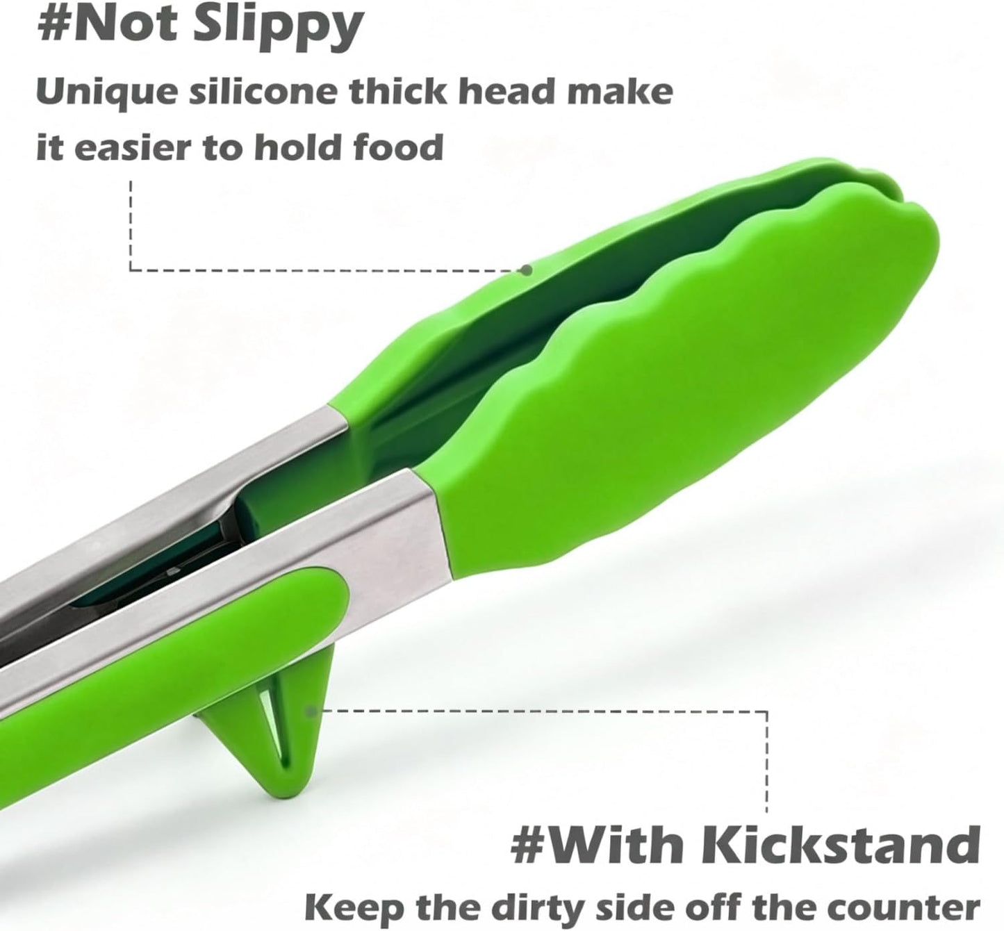 9" Kitchen Tongs for cooking with Silicone Tips, 3Pcs Serving Tongs, Green | Small Silicone Tongs mit kickstand, Food Grade, 3 different type of tongs, Stainless Steel