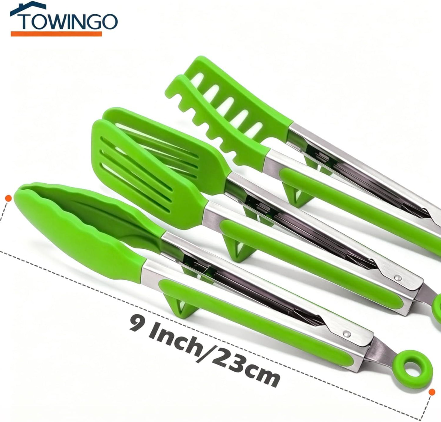 9" Kitchen Tongs for cooking with Silicone Tips, 3Pcs Serving Tongs, Green | Small Silicone Tongs mit kickstand, Food Grade, 3 different type of tongs, Stainless Steel