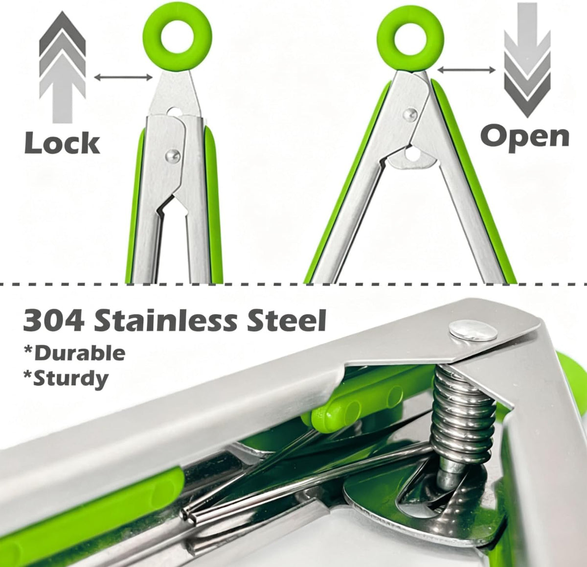 9" Kitchen Tongs for cooking with Silicone Tips, 3Pcs Serving Tongs, Green | Small Silicone Tongs mit kickstand, Food Grade, 3 different type of tongs, Stainless Steel