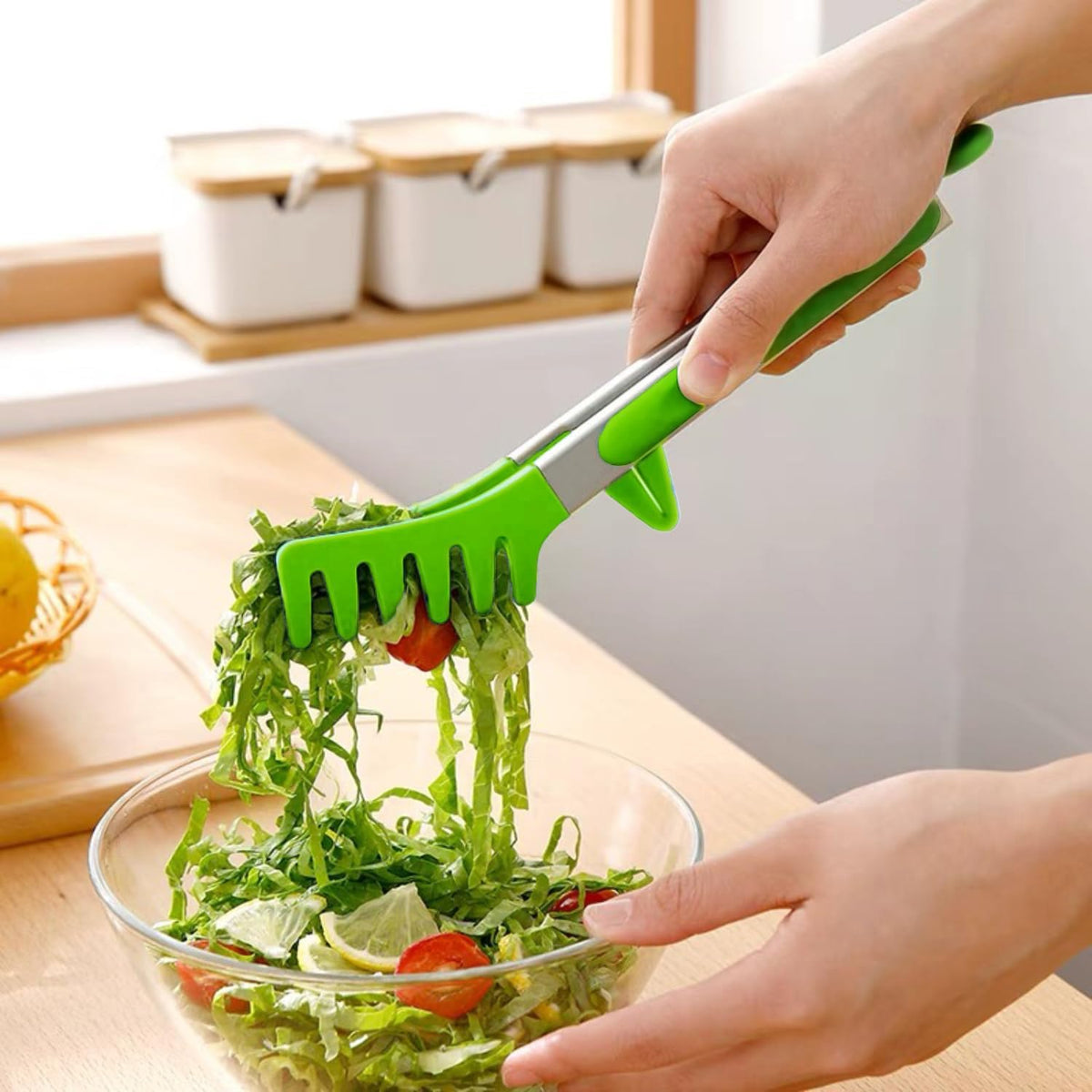 9" Kitchen Tongs for cooking with Silicone Tips, 3Pcs Serving Tongs, Green | Small Silicone Tongs mit kickstand, Food Grade, 3 different type of tongs, Stainless Steel