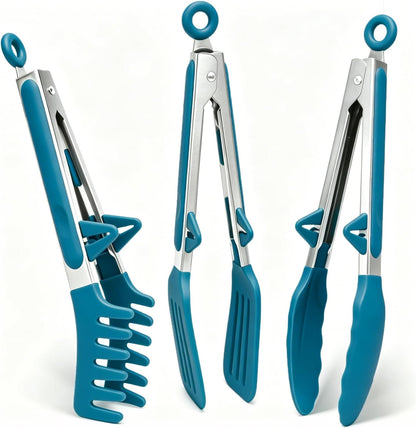 9" Kitchen Tongs for cooking with Silicone Tips, 3Pcs Serving Tongs, Green | Small Silicone Tongs mit kickstand, Food Grade, 3 different type of tongs, Stainless Steel