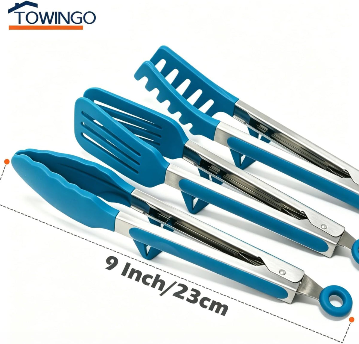 9" Kitchen Tongs for cooking with Silicone Tips, 3Pcs Serving Tongs, Green | Small Silicone Tongs mit kickstand, Food Grade, 3 different type of tongs, Stainless Steel