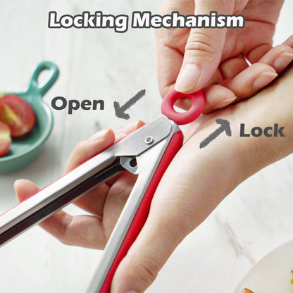9" Kitchen Tongs for cooking with Silicone Tips, 3Pcs Serving Tongs, Green | Small Silicone Tongs mit kickstand, Food Grade, 3 different type of tongs, Stainless Steel