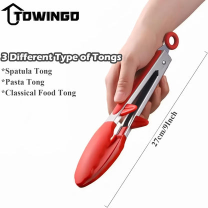 9" Kitchen Tongs for cooking with Silicone Tips, 3Pcs Serving Tongs, Green | Small Silicone Tongs mit kickstand, Food Grade, 3 different type of tongs, Stainless Steel