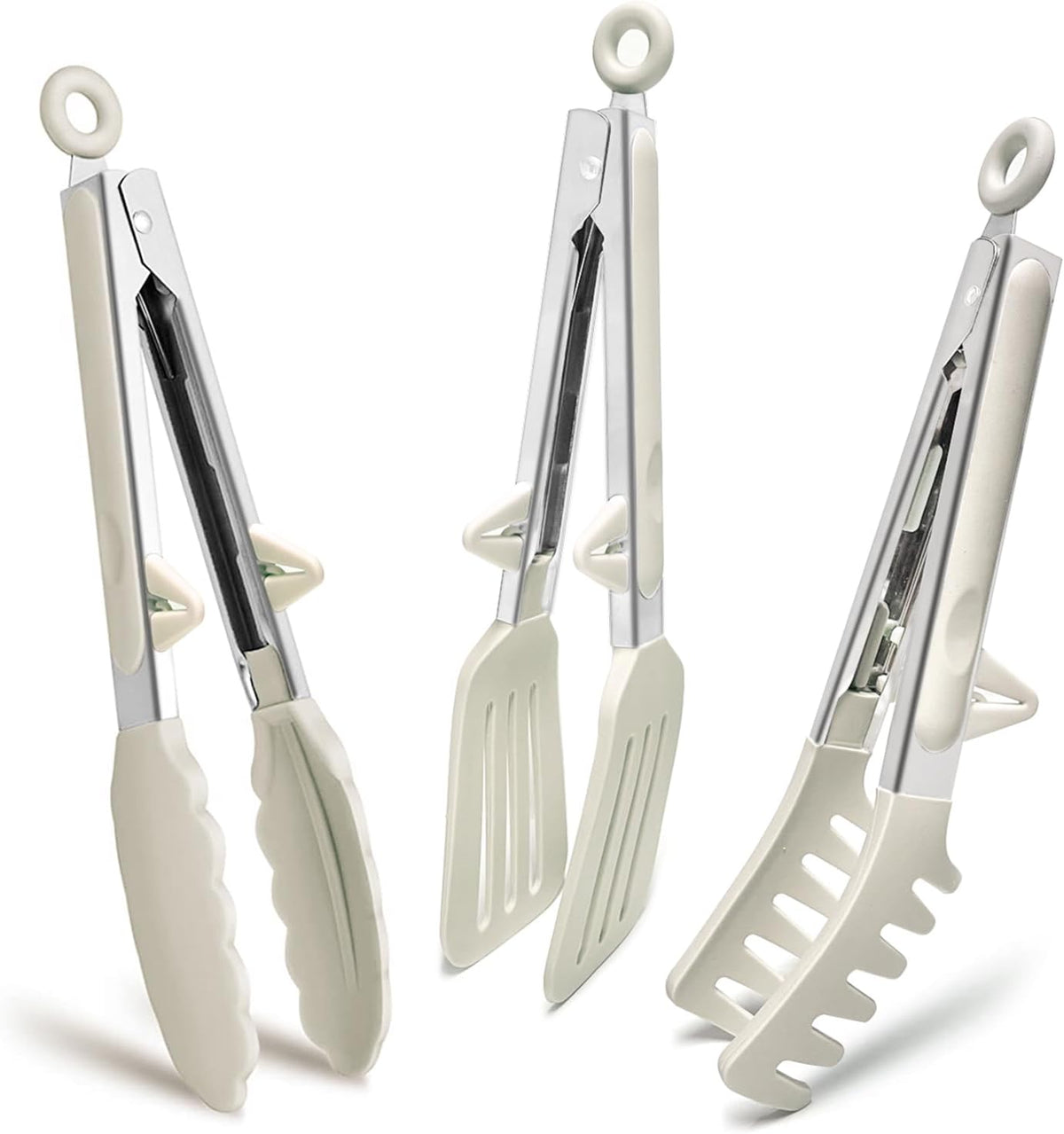 9" Kitchen Tongs for cooking with Silicone Tips, 3Pcs Serving Tongs, Green | Small Silicone Tongs mit kickstand, Food Grade, 3 different type of tongs, Stainless Steel
