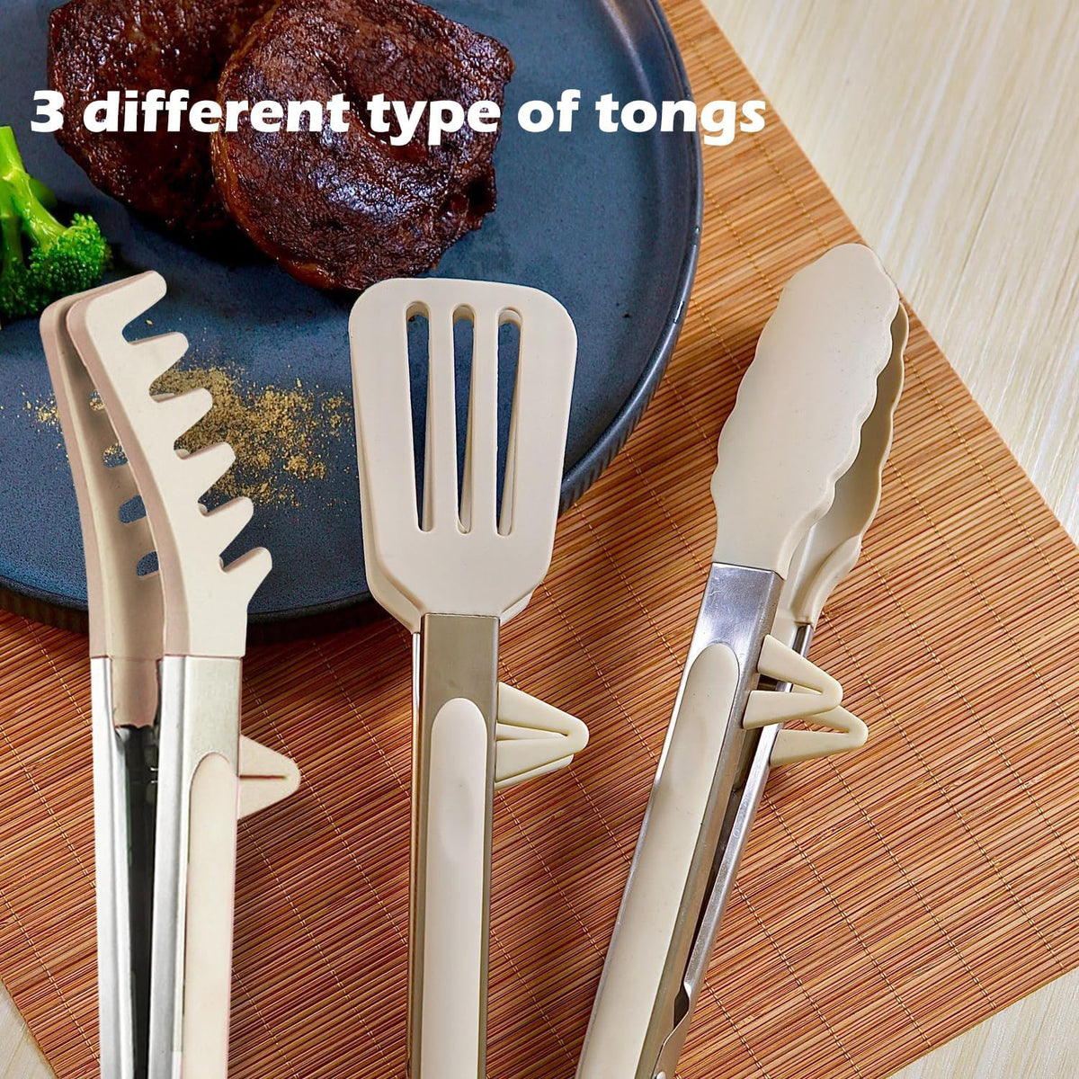 9" Kitchen Tongs for cooking with Silicone Tips, 3Pcs Serving Tongs, Green | Small Silicone Tongs mit kickstand, Food Grade, 3 different type of tongs, Stainless Steel
