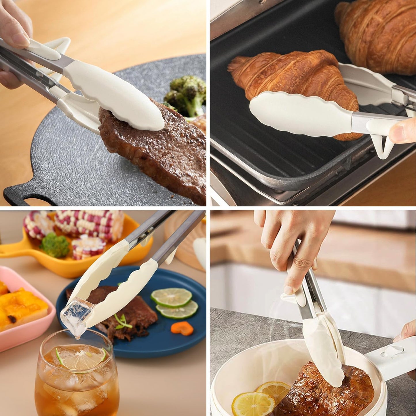 9" Kitchen Tongs for cooking with Silicone Tips, 3Pcs Serving Tongs, Green | Small Silicone Tongs mit kickstand, Food Grade, 3 different type of tongs, Stainless Steel