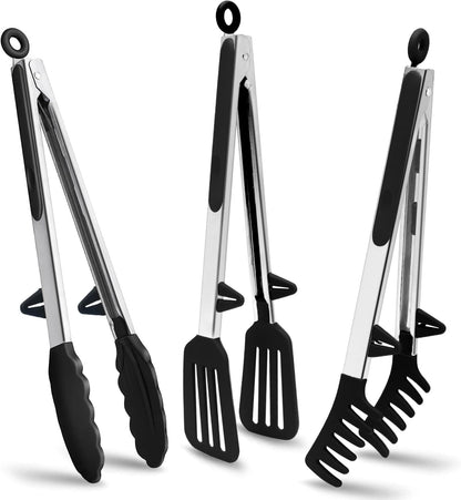 9" Kitchen Tongs for cooking with Silicone Tips, 3Pcs Serving Tongs, Green | Small Silicone Tongs mit kickstand, Food Grade, 3 different type of tongs, Stainless Steel