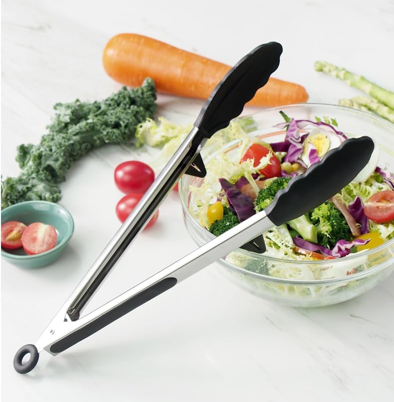 9" Kitchen Tongs for cooking with Silicone Tips, 3Pcs Serving Tongs, Green | Small Silicone Tongs mit kickstand, Food Grade, 3 different type of tongs, Stainless Steel
