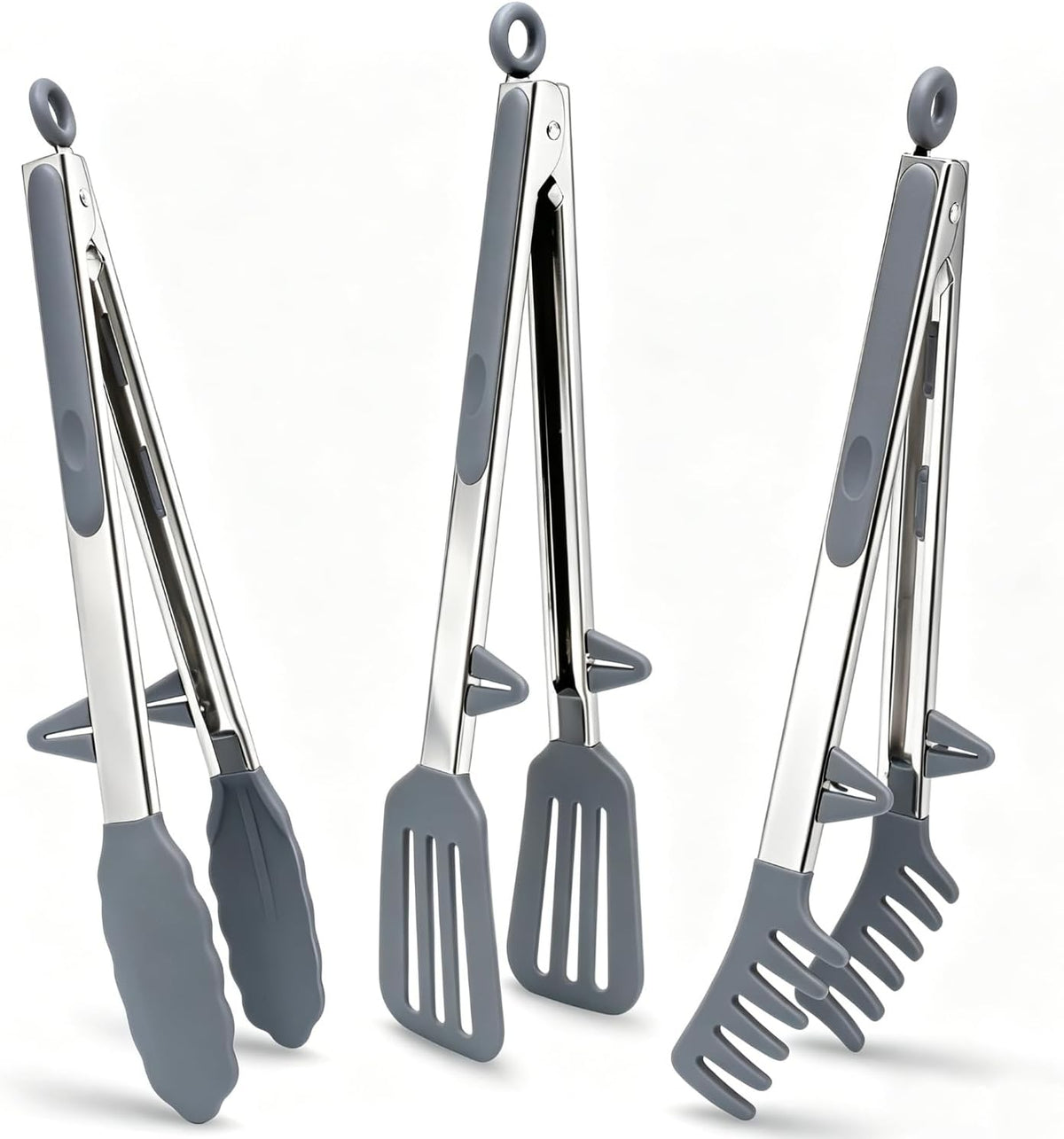 9" Kitchen Tongs for cooking with Silicone Tips, 3Pcs Serving Tongs, Green | Small Silicone Tongs mit kickstand, Food Grade, 3 different type of tongs, Stainless Steel