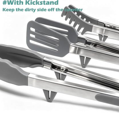 9" Kitchen Tongs for cooking with Silicone Tips, 3Pcs Serving Tongs, Green | Small Silicone Tongs mit kickstand, Food Grade, 3 different type of tongs, Stainless Steel