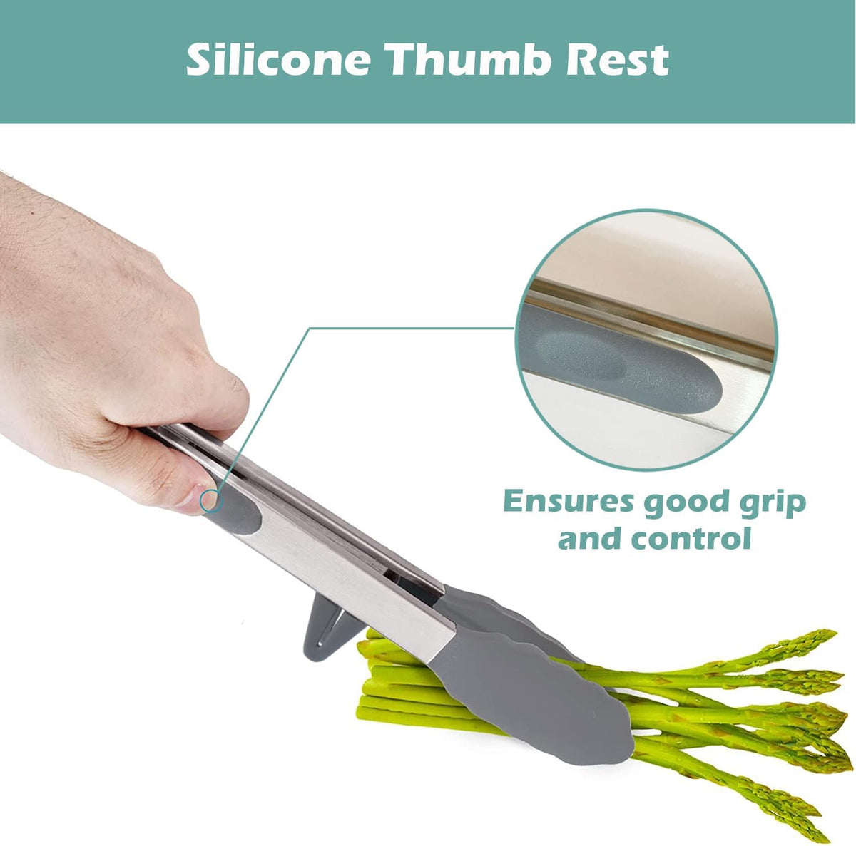 9" Kitchen Tongs for cooking with Silicone Tips, 3Pcs Serving Tongs, Green | Small Silicone Tongs mit kickstand, Food Grade, 3 different type of tongs, Stainless Steel