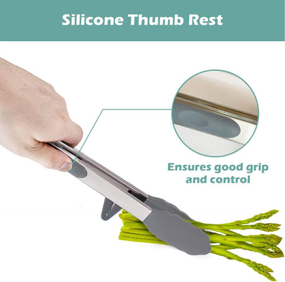 9" Kitchen Tongs for cooking with Silicone Tips, 3Pcs Serving Tongs, Green | Small Silicone Tongs mit kickstand, Food Grade, 3 different type of tongs, Stainless Steel