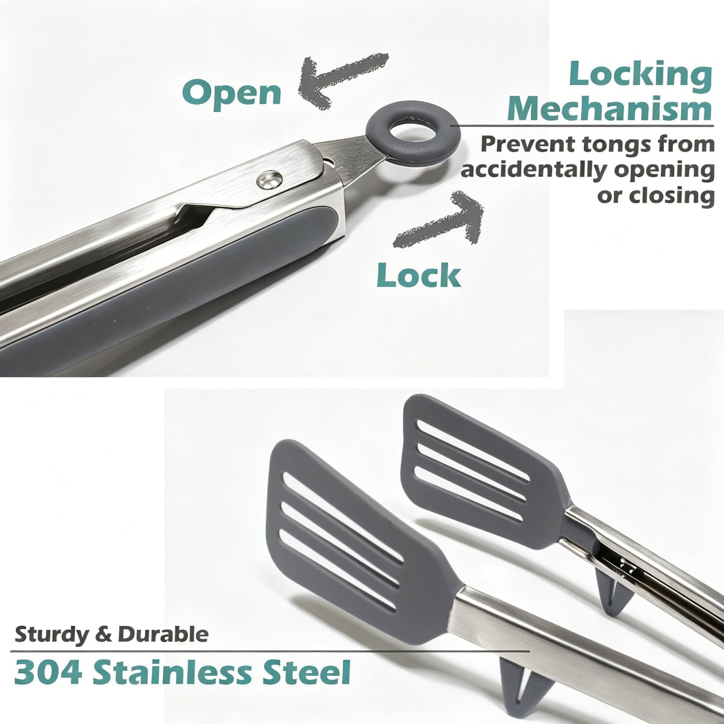 9" Kitchen Tongs for cooking with Silicone Tips, 3Pcs Serving Tongs, Green | Small Silicone Tongs mit kickstand, Food Grade, 3 different type of tongs, Stainless Steel