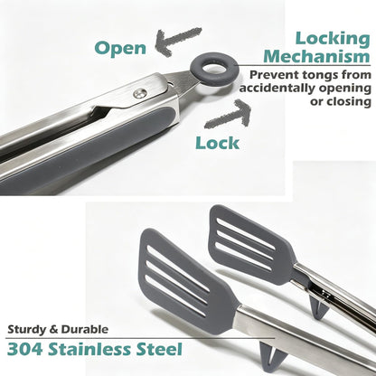 9" Kitchen Tongs for cooking with Silicone Tips, 3Pcs Serving Tongs, Green | Small Silicone Tongs mit kickstand, Food Grade, 3 different type of tongs, Stainless Steel