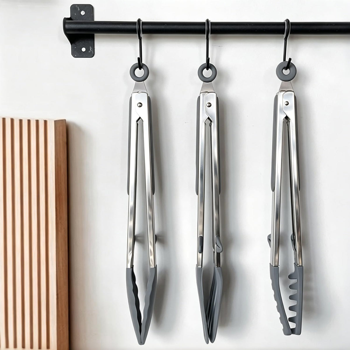 9" Kitchen Tongs for cooking with Silicone Tips, 3Pcs Serving Tongs, Green | Small Silicone Tongs mit kickstand, Food Grade, 3 different type of tongs, Stainless Steel