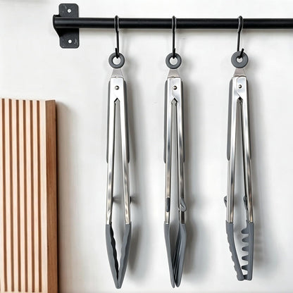 9" Kitchen Tongs for cooking with Silicone Tips, 3Pcs Serving Tongs, Green | Small Silicone Tongs mit kickstand, Food Grade, 3 different type of tongs, Stainless Steel
