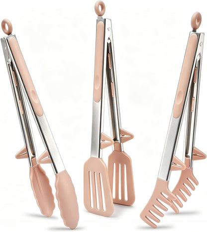 9" Kitchen Tongs for cooking with Silicone Tips, 3Pcs Serving Tongs, Green | Small Silicone Tongs mit kickstand, Food Grade, 3 different type of tongs, Stainless Steel