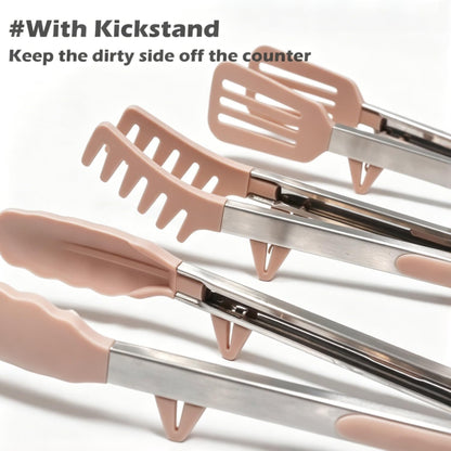 9" Kitchen Tongs for cooking with Silicone Tips, 3Pcs Serving Tongs, Green | Small Silicone Tongs mit kickstand, Food Grade, 3 different type of tongs, Stainless Steel
