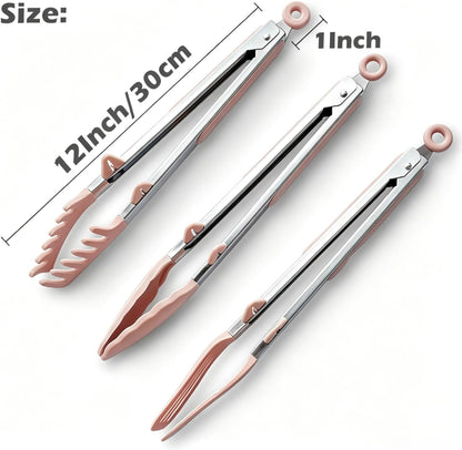 9" Kitchen Tongs for cooking with Silicone Tips, 3Pcs Serving Tongs, Green | Small Silicone Tongs mit kickstand, Food Grade, 3 different type of tongs, Stainless Steel