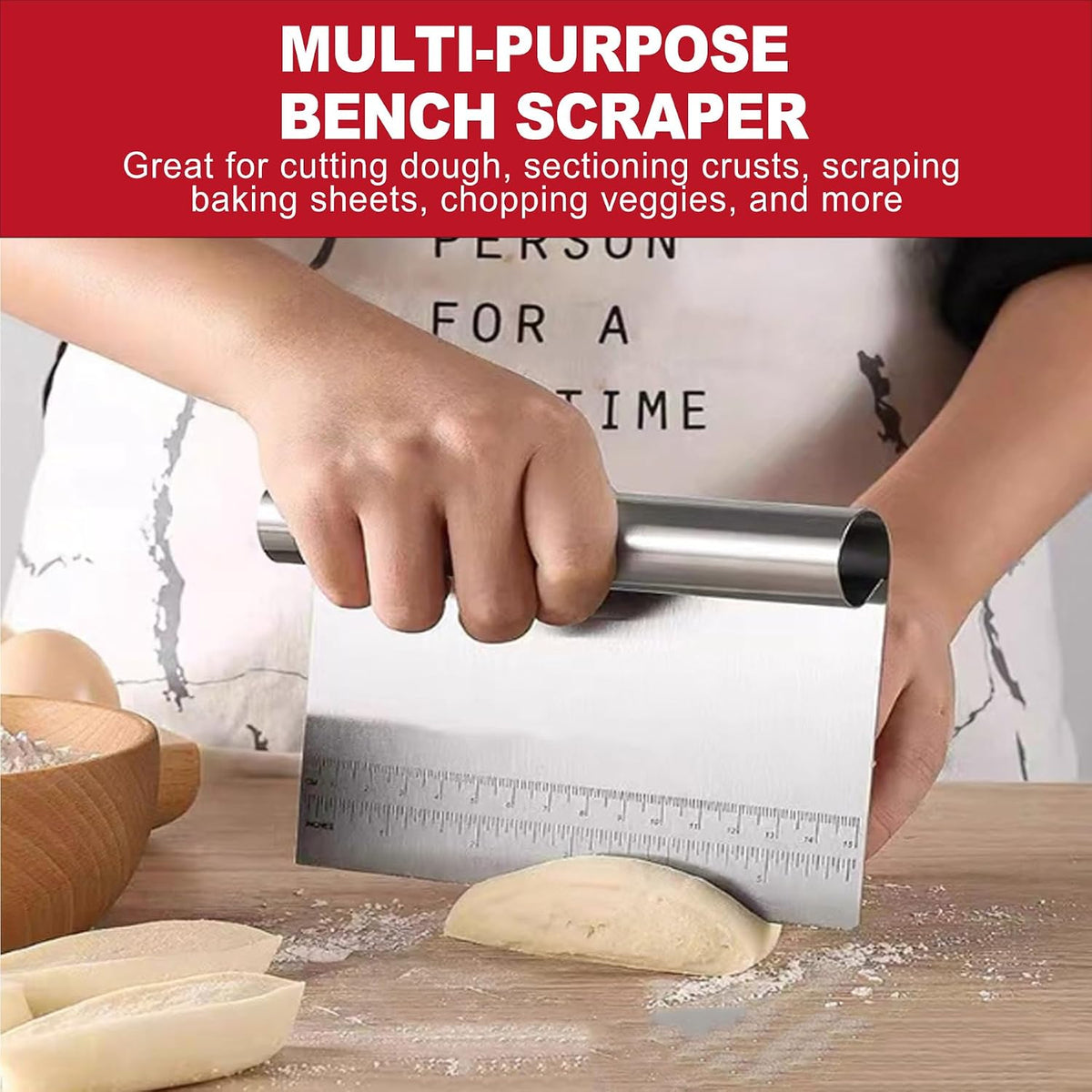 2 Pack Stainless Steel Dough Scraper and Dough Scrapers Set, or Baking Pastry Scraper and Bread Cutter with Measuring Guide - Multipurpose Dough Cutter and Baking Scraper for Kitchen