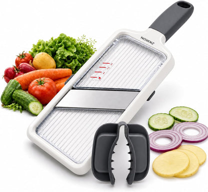 ZKIRON Adjustable Handheld Mandoline Slicer for Kitchen, Ready to Use | 1-3mm Vegetable Slicer with Grip Handle, Hand Guard and Bowl Hook for Cucumbers, Onions, Potatoes and Small-to-Medium Produce