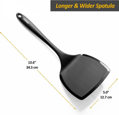Silicone Pancake Spatula Turner, Lengthened Handle & Seamless Design, Black