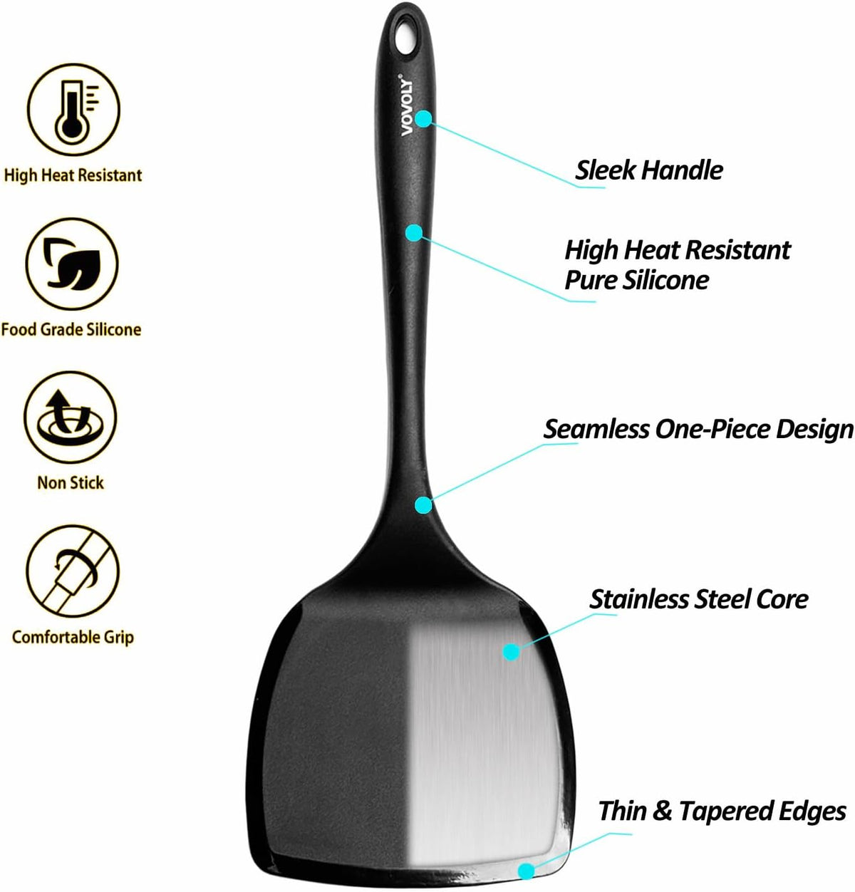 Silicone Pancake Spatula Turner, Lengthened Handle & Seamless Design, Black
