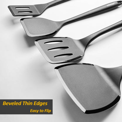 Silicone Pancake Spatula Turner, Lengthened Handle & Seamless Design, Black