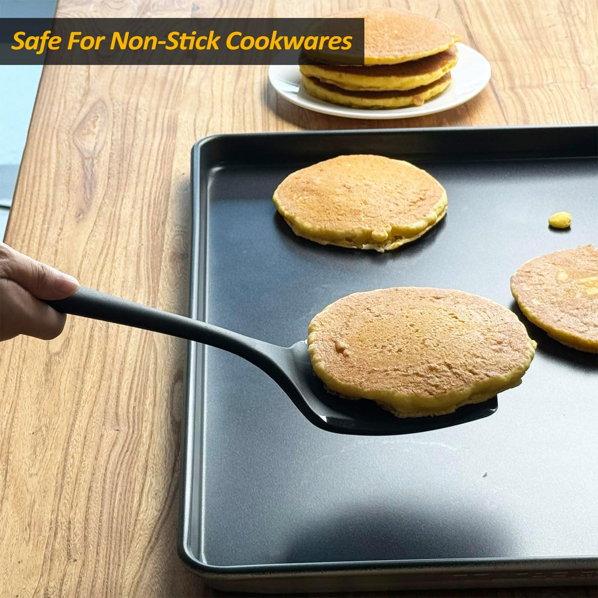 Silicone Pancake Spatula Turner, Lengthened Handle & Seamless Design, Black