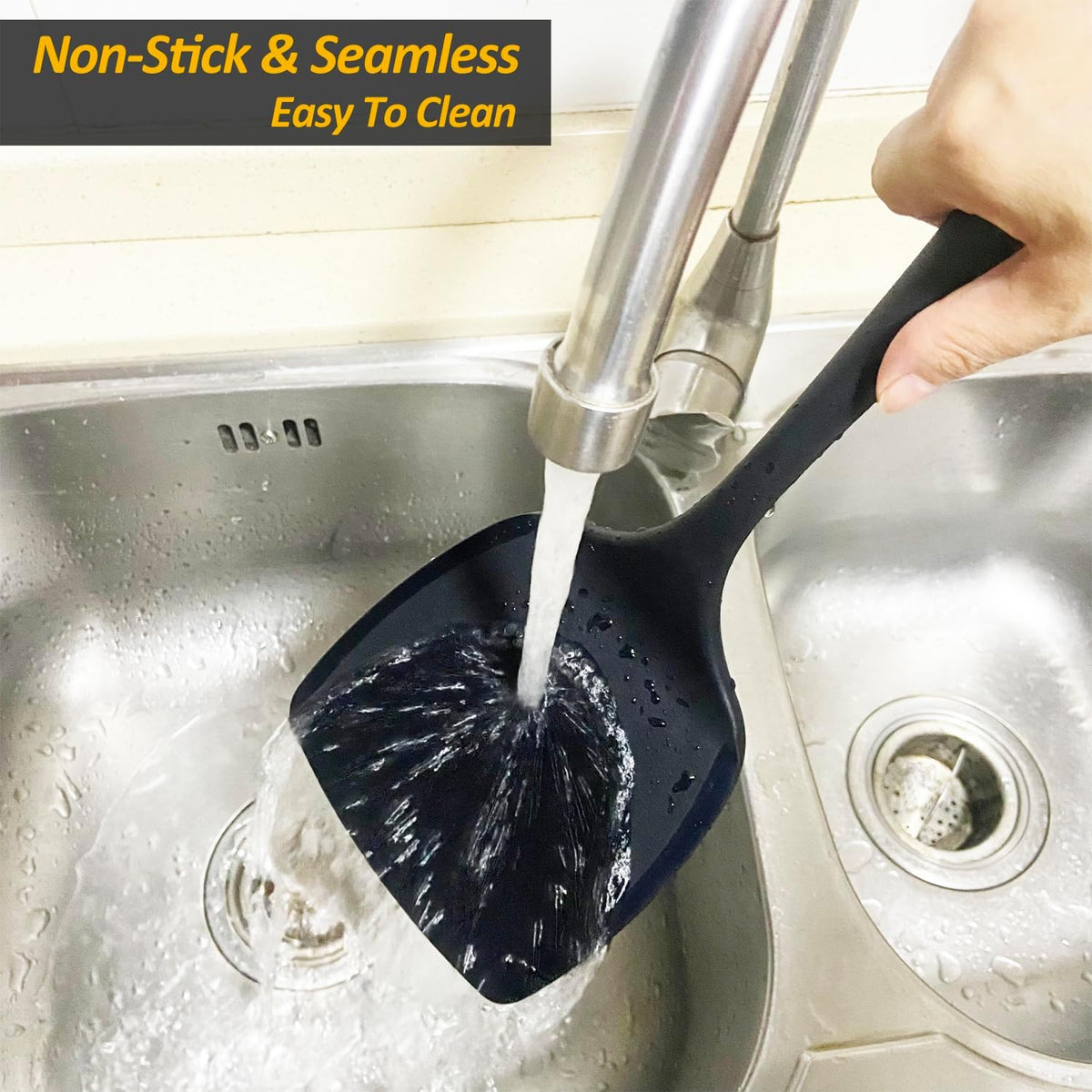 Silicone Pancake Spatula Turner, Lengthened Handle & Seamless Design, Black