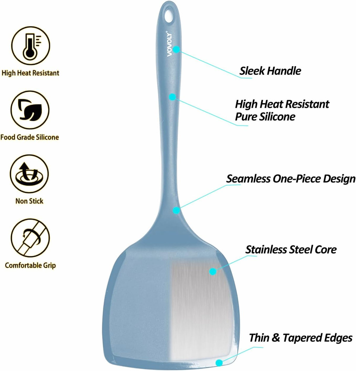 Silicone Pancake Spatula Turner, Lengthened Handle & Seamless Design, Black